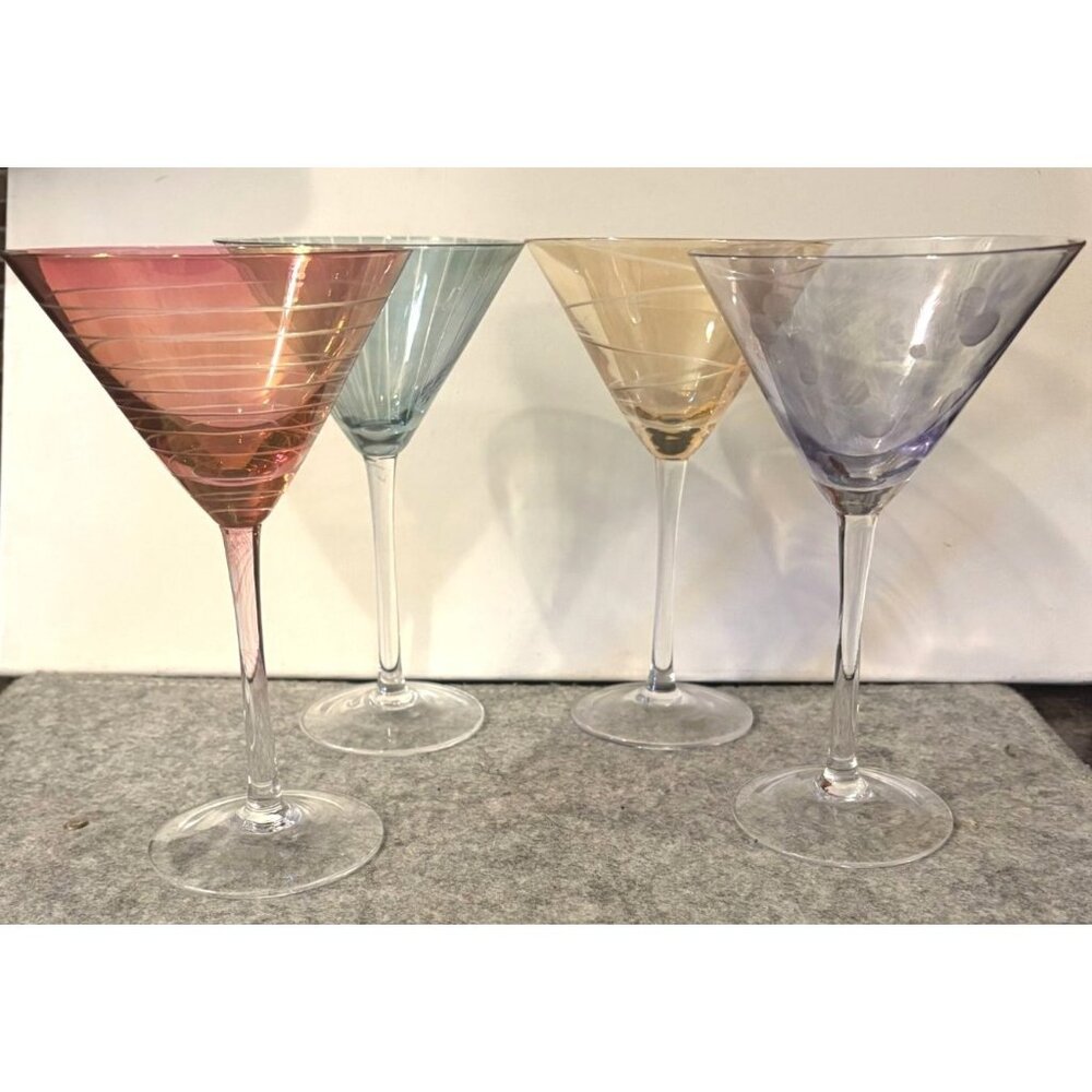 Set of 4 Elements Iridescent Etched Martini Glasses w/Different Designs #3052